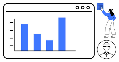 Bar graph on digital screen with a person managing data via tablet small avatar icon. Ideal for analytics, progress, reporting, technology, growth, business planning, strategy. Flat simple metaphor