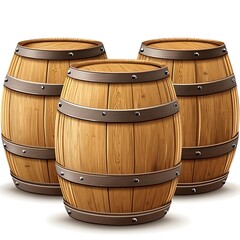 Three Wooden Barrels Aged Drink Storage Vessels