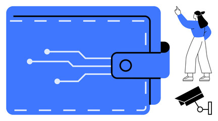 Electronic wallet with circuit lines, a standing woman pointing upward, and a surveillance camera. Ideal for finance, technology, security, innovation, privacy fintech digital transformation. Flat