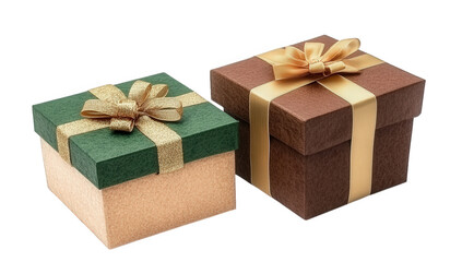 two beautifully wrapped gift boxes one green with a gold bow and one brown with a golden ribbon suggesting a festive occasion or celebration