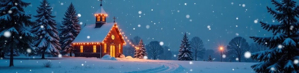 Fototapeta premium Snowflakes fall on a church with Christmas lights, fir, winter landscape, frozen