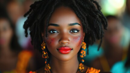 A close-up of a young woman with curly hair, staring directly at the camera.