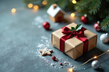A Festive Gift Wrapped in Red Ribbon, Surrounded by Sparkling Lights and Festive Treats on a Dark Surface