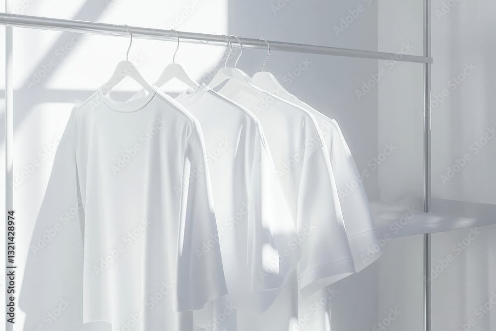 Aufkleber shirts hanging on a minimalist rack in a bright room with soft sunlight filtering through