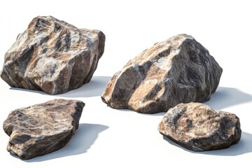 Fototapeta premium Four diverse, rough-hewn rocks, various shapes and sizes, set against a plain white background. Detailed textures, natural stone appearance