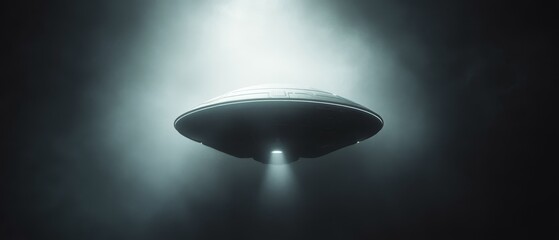 A large, grey, alien shaped object is flying through the sky