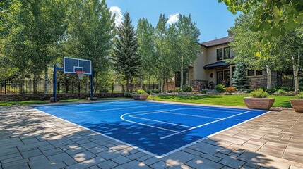 Backyard Basketball Court, Suburban Home, Sunny Day