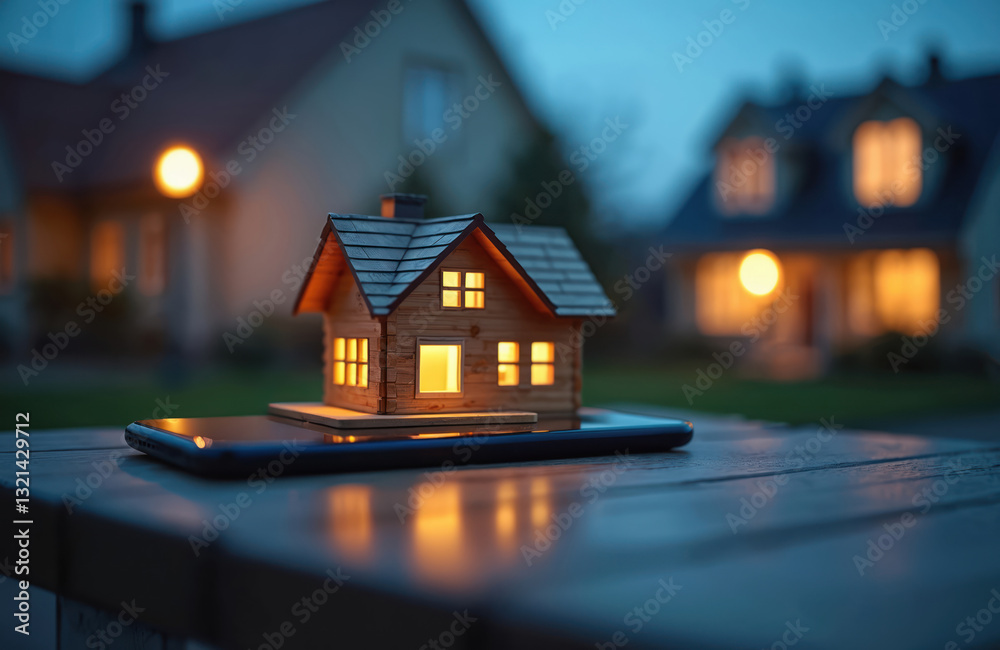 Leinwandbilder small wooden house model stands on cellphone on wooden table at dusk. concept of smart home control,