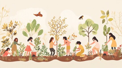 People from Different Cultures Planting Trees Together in Area Affected by Deforestation Symbolizing Global Biodiversity Efforts