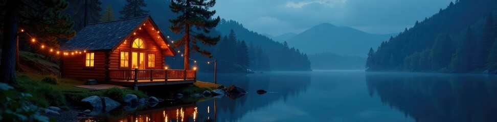 Twinkling fairy lights in a cozy cabin by the lake, cozy, lake, peaceful