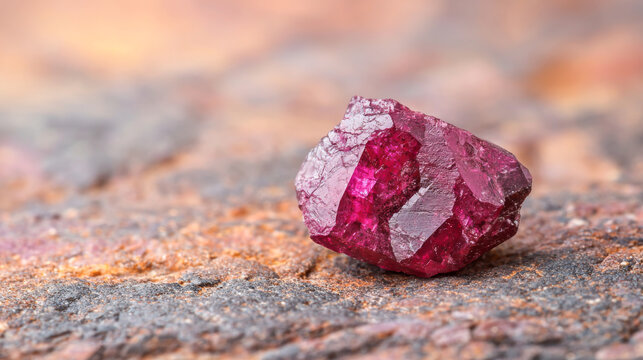 Close-up of a beautiful ruby crystal on natural rocky surface, showcasing its vibrant colors.