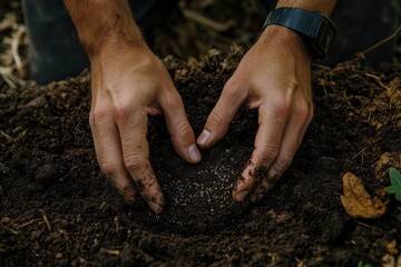 Hands planting seeds in dark soil during a gardening session in a lush outdoor setting with green plants around