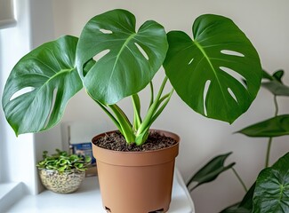 Obraz premium Healthy Monstera plant in a brown pot on a windowsill