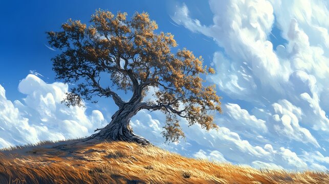 4. **A lonely ancient tree standing on a hill, its branches reaching towards the sky**