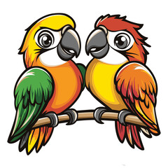 Two Cartoon Parrots Perched on a Branch, One Yellow and One Red