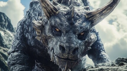 A large, menacing dragon with a menacing look on its face