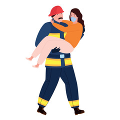 Illustration of a firefighter rescuing a woman in distress during a rescue operation