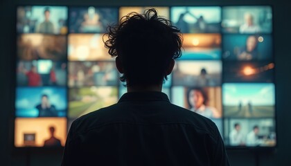 Person observes multiple screens with visuals, contemplates tech, media influence. Dark modern setting, digital era, connection, entertainment, analysis. Communication innovation, surveillance, urban