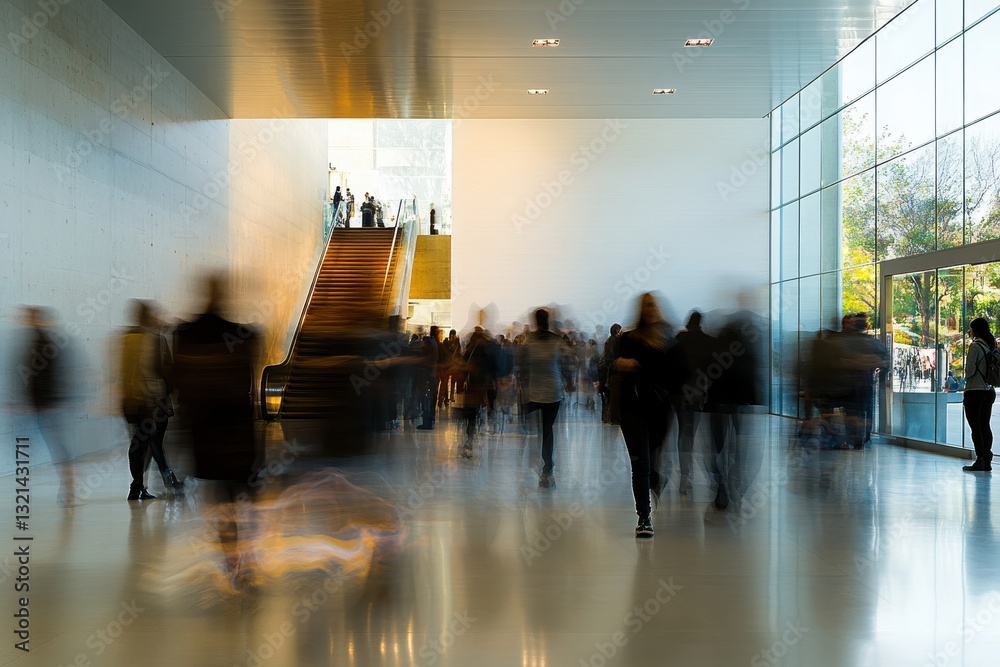 Poster Crowd moving through a modern building with large windows and stairs in a busy urban setting during daytime