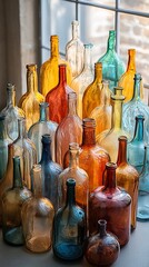 Colorful vintage bottles collection by window