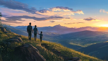 Obraz premium Family hiking at sunset, mountain view.