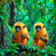 Obraz premium Golden Monkeys Perched in Lush Green Jungle Canopy Wildlife