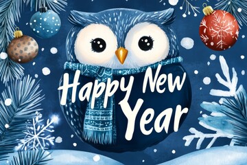 Obraz premium Adorable Winter Owl with Happy New Year Greeting Surrounded by Festive Decorations