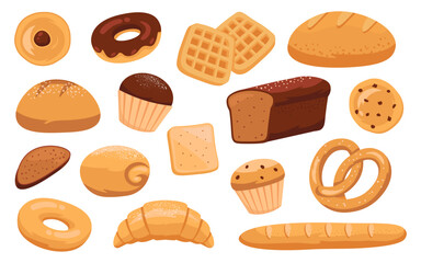 Bakery shop products assortment isolated cartoon set with sweet pastry, fresh bread, cookies