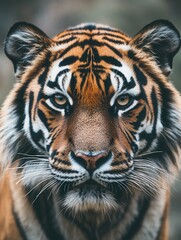Fototapeta premium Close-up portrait of a tiger with striking eyes and detailed fur captured in natural habitat during daylight