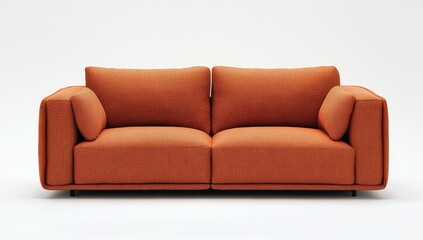 Modern two-seater couch in burnt orange.  Clean lines, comfortable padded cushions