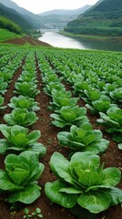 Fototapeta premium Morning sunlight illuminates vegetable fields as a farmer cultivates green Chinese cabbage amid lush landscapes and fertile soil