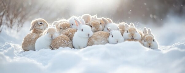Fototapeta premium A gathering of adorable bunnies snuggling together in the winter snow
