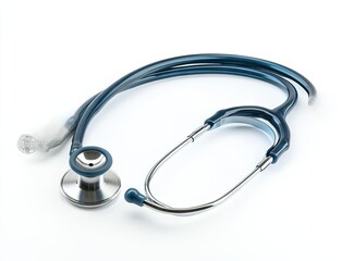 Medical stethoscope, diagnostic tool.  A professional quality stethoscope with dark blue tubing and a metal diaphragm.  It is ready for use in examining patients