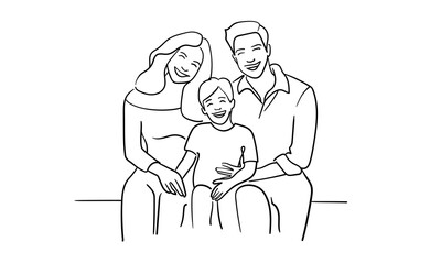 Continuous line happy family with children on white background. Parents walk with son. Line art drawing. Vector illustration