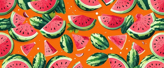 watermelon pattern on orange plain background digital abstract art work illustration design