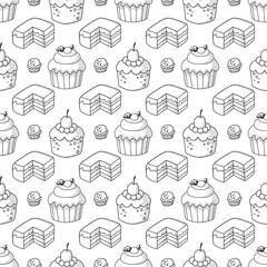 Sweet cake black and white style. Seamless vector pattern for fabric design, wallpapper, wrapping.