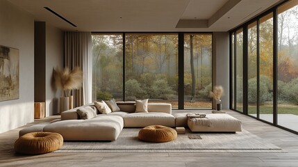 Diseño de interiores minimalista y escandinavo de una sala de estar moderna. Sala de estar luminosa con un moderno sofá modular beige, textiles suaves y grandes ventanales con vista a un paisaje sere