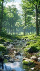 Fototapeta premium Sunny forest stream path, tranquil nature scene