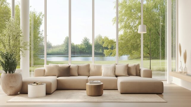 Dise&ntilde;o de interiores minimalista y escandinavo de una sala de estar moderna. Sala de estar luminosa con un moderno sof&aacute; modular beige, textiles suaves y grandes ventanales con vista a un paisaje sere