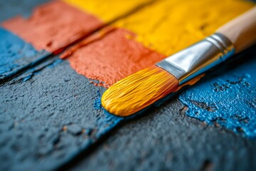 Fototapeta premium Vibrant Paintbrush with Bright Colors on Textured Wooden Surface in Artistic Setting