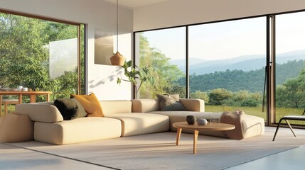 Diseño de interiores minimalista y escandinavo de una sala de estar moderna. Sala de estar luminosa con un moderno sofá modular beige, textiles suaves y grandes ventanales con vista a un paisaje sere