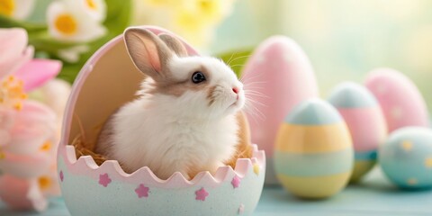 Cute bunny nestled in easter egg with colorful decor spring celebration photo bright atmosphere close-up whimsical imagery
