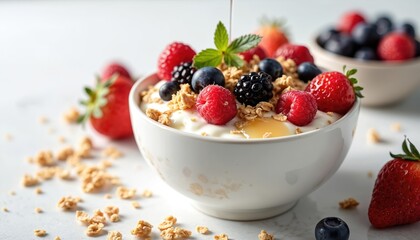 Close-up of greek yogurt topped with granola, blackberries, raspberries, blueberries, strawberries. Honey drizzle. Healthy organic food for dieting. Delicious natural breakfast with mixed berries.