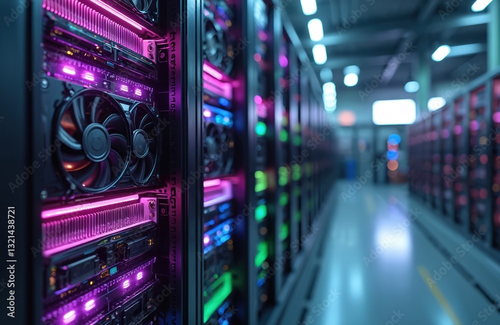 Aufkleber Crypto mining farm interior with GPU graphic card rack array. Server room lit by colorful neon lights. Cryptocurrency bitcoin farm data center. Digital tech, blockchain technologies, data processing.