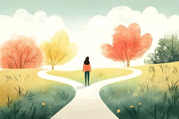 Illustration of a person standing at a fork in the road with two paths.