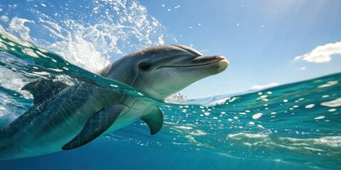 Fototapeta premium Dolphin swimming playfully in clear ocean waters marine environment wildlife photography underwater perspective natural habitat exploration