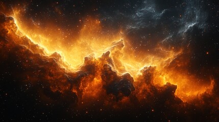 Obraz premium A vibrant cosmic scene depicting fiery clouds and stars in a nebula-like formation.
