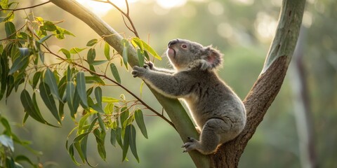 Fototapeta premium Playful koala climbing eucalyptus tree australian wilderness wildlife photography natural habitat close-up view conservation awareness