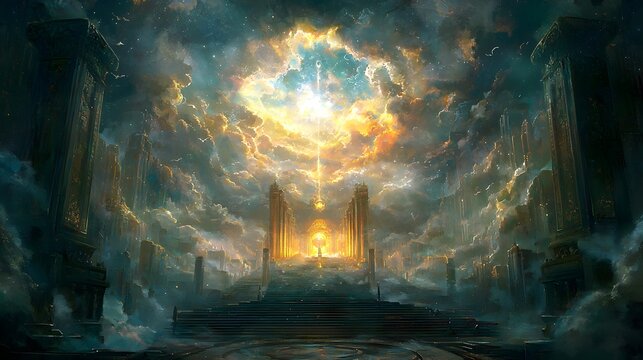 20. A grand celestial court where gods and mortals discuss fate under a luminous sky