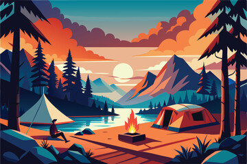 Night camp cartoon vector concepts. tents campfire rocks river coast, camping tourist stuff pond shore, traveler midnight halt mountains horizon moonlight landscape illustrations